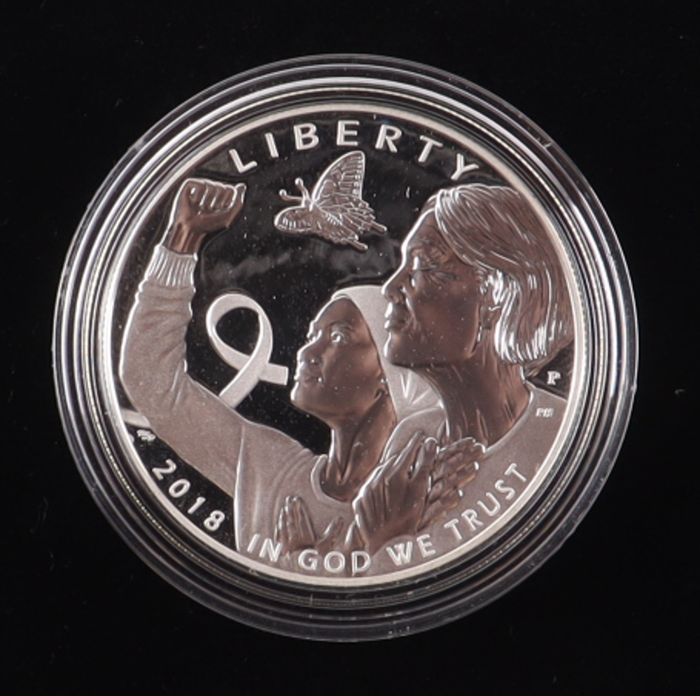 2018-P Breast Cancer Awareness Commemorative Proof Silver $1 Dollar with Original U.S. Mint Box at PristineAuction.com 2018-P Breast Cancer Awareness Commemorative Proof Silver $1 Dollar with Original U.S. Mint Box at PristineAuction.com