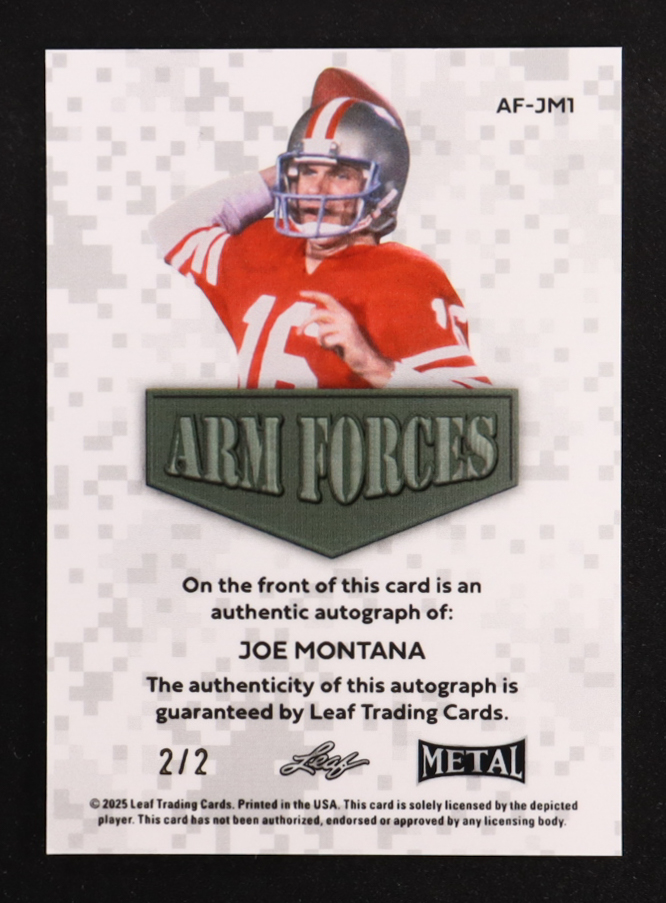 Joe Montana 2025 Leaf Metal Arm Forces Autographs Prismatic Black #AFJM1 #2/2 at PristineAuction.com Joe Montana 2025 Leaf Metal Arm Forces Autographs Prismatic Black #AFJM1 #2/2 at PristineAuction.com