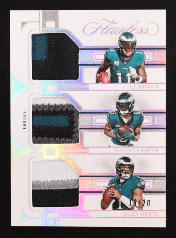 A.J. Brown / DeVonta Smith / Jalen Hurts 2023 Panini Flawless Triple Patches Silver #18 #19/20 at PristineAuction.com A.J. Brown / DeVonta Smith / Jalen Hurts 2023 Panini Flawless Triple Patches Silver #18 #19/20 at PristineAuction.com