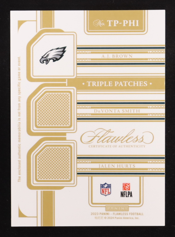 A.J. Brown / DeVonta Smith / Jalen Hurts 2023 Panini Flawless Triple Patches Silver #18 #19/20 at PristineAuction.com A.J. Brown / DeVonta Smith / Jalen Hurts 2023 Panini Flawless Triple Patches Silver #18 #19/20 at PristineAuction.com