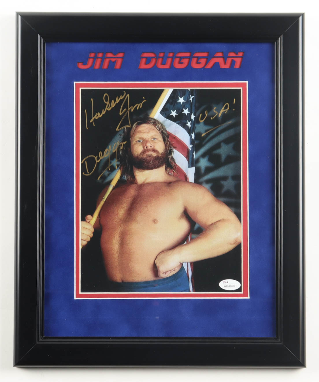 "Hacksaw" Jim Duggan Signed Custom Framed Photo Display Inscribed "USA!" (JSA) at PristineAuction.com "Hacksaw" Jim Duggan Signed Custom Framed Photo Display Inscribed "USA!" (JSA) at PristineAuction.com