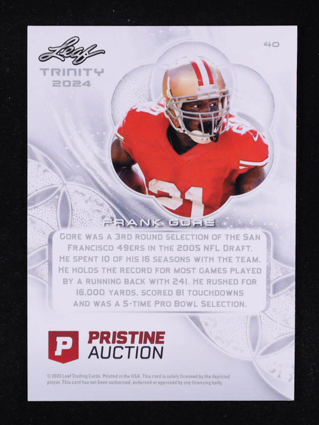 Frank Gore 2024 Leaf Trinity x Pristine Auction Blue Foil #40 #130/199 at PristineAuction.com Frank Gore 2024 Leaf Trinity x Pristine Auction Blue Foil #40 #130/199 at PristineAuction.com
