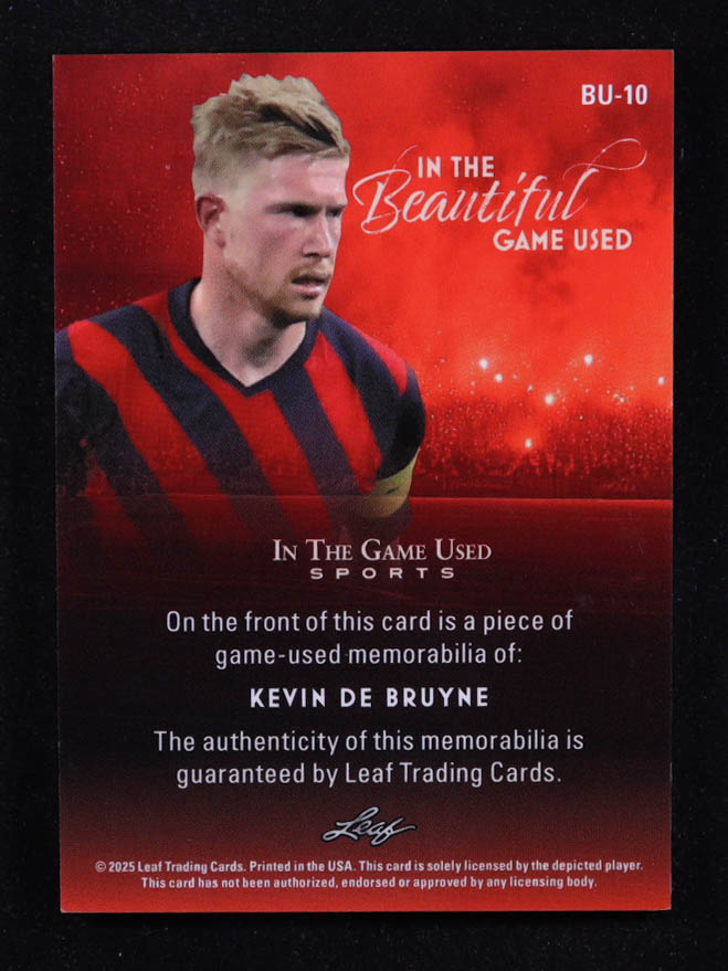 Kevin De Bruyne 2025 Leaf ITG Used Sports In The Beautiful Game Relic Silver Blue #BU10 #13/65 at PristineAuction.com Kevin De Bruyne 2025 Leaf ITG Used Sports In The Beautiful Game Relic Silver Blue #BU10 #13/65 at PristineAuction.com