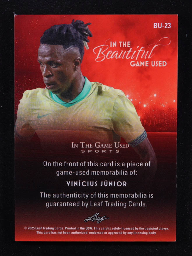 Vinicius Junior 2025 Leaf ITG Used Sports In The Beautiful Game Relic Blue Foil #BU23 #57/65 at PristineAuction.com Vinicius Junior 2025 Leaf ITG Used Sports In The Beautiful Game Relic Blue Foil #BU23 #57/65 at PristineAuction.com