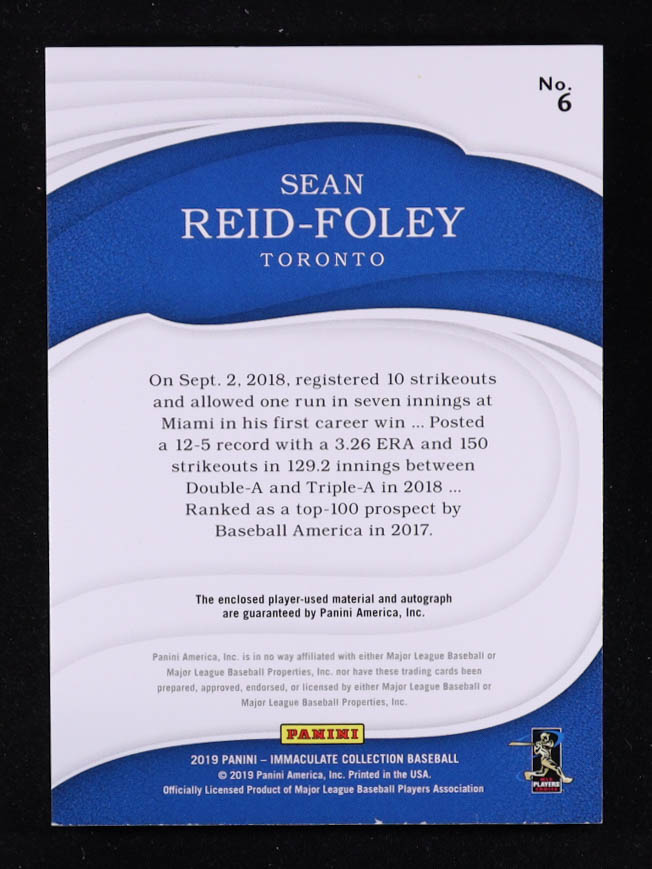 Sean Reid-Foley 2019 Panini Immaculate Collection Auto #6 RC #09/49 at PristineAuction.com Sean Reid-Foley 2019 Panini Immaculate Collection Auto #6 RC #09/49 at PristineAuction.com