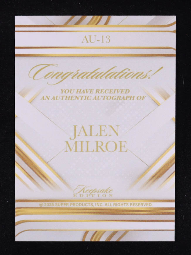 Jalen Milroe 2025 Keepsake Edition Authentic Autograph #AU-13 RC at PristineAuction.com Jalen Milroe 2025 Keepsake Edition Authentic Autograph #AU-13 RC at PristineAuction.com