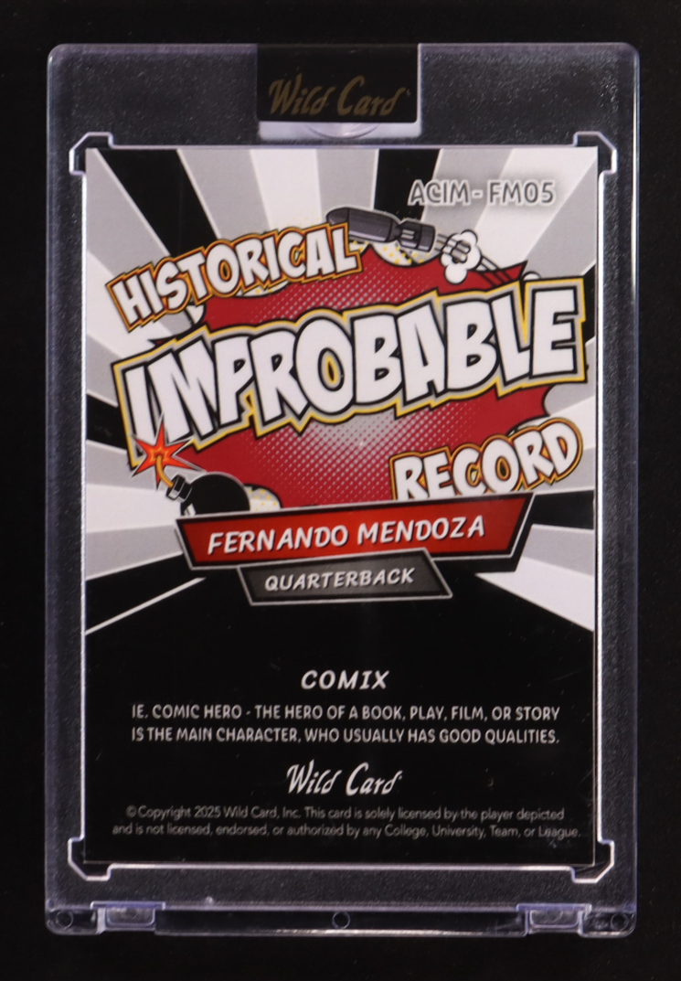 Fernando Mendoza 2025 Wild Card Comix Improbable Lazer #FM05 #1/1 RC at PristineAuction.com Fernando Mendoza 2025 Wild Card Comix Improbable Lazer #FM05 #1/1 RC at PristineAuction.com