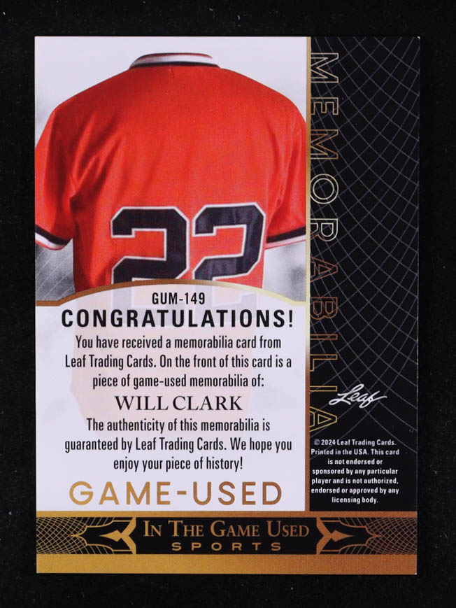 Will Clark 2024 ITG Game Used Memorabilia #GUM-149 at PristineAuction.com Will Clark 2024 ITG Game Used Memorabilia #GUM-149 at PristineAuction.com
