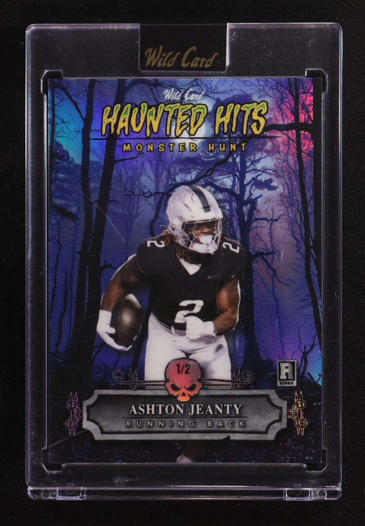 Ashton Jeanty 2025 Wild Card Haunted Hits Monster Hunt Blue Haunted Woods Rainbow #AJ #1/2 RC at PristineAuction.com Ashton Jeanty 2025 Wild Card Haunted Hits Monster Hunt Blue Haunted Woods Rainbow #AJ #1/2 RC at PristineAuction.com