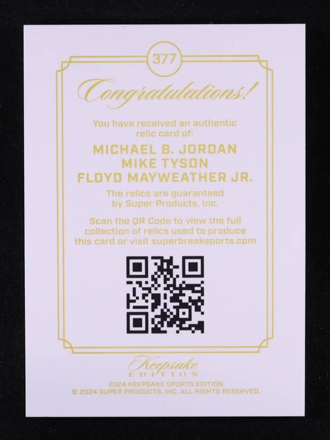 Michael B. Jordan / Mike Tyson / Floyd Mayweather Jr. 2024 Keepsake Sports Edition Triple Gem Relics #377 #24/99 at PristineAuction.com Michael B. Jordan / Mike Tyson / Floyd Mayweather Jr. 2024 Keepsake Sports Edition Triple Gem Relics #377 #24/99 at PristineAuction.com