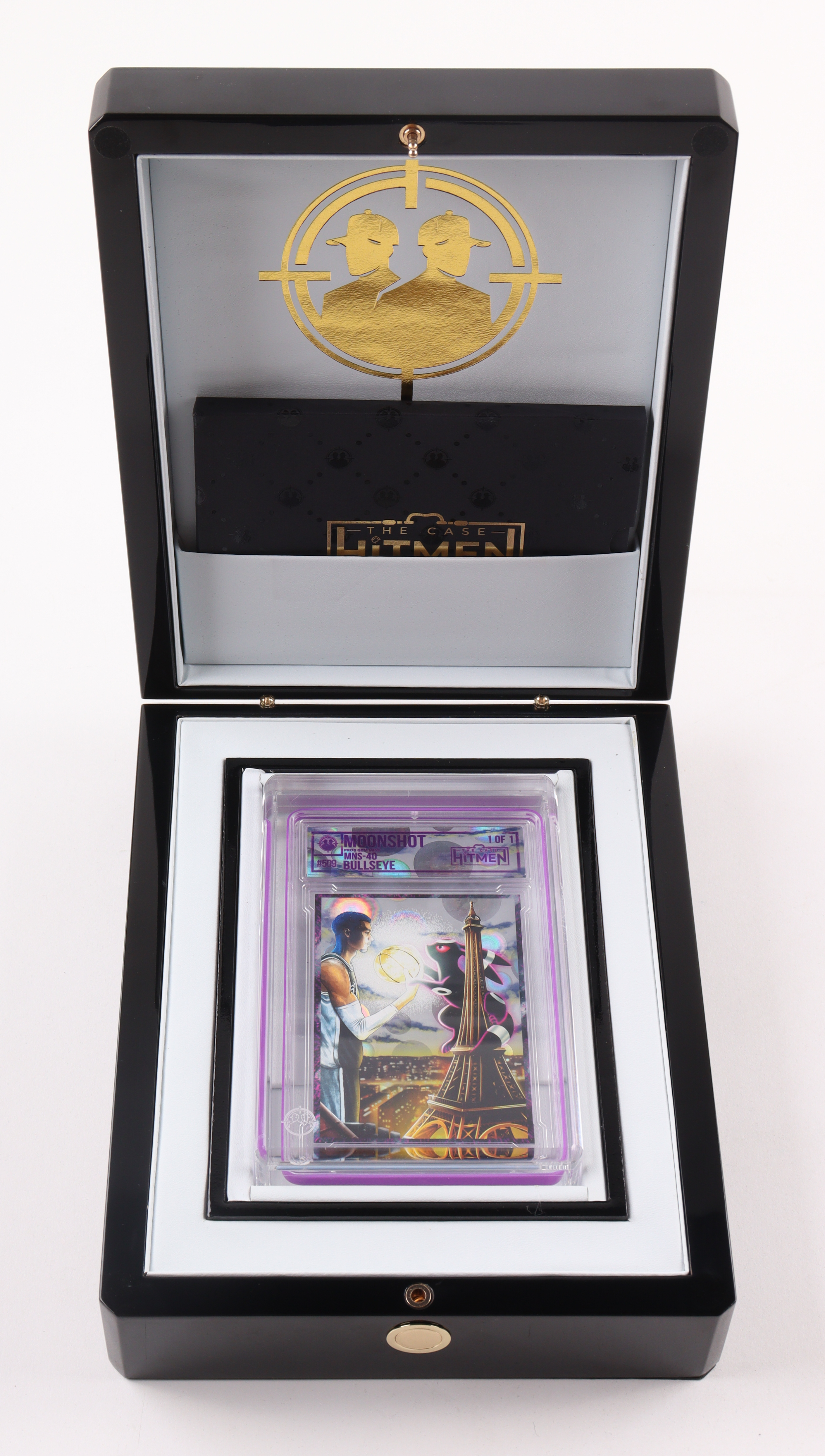 Victor Wembanyama The Case HitMen Moonshot Bullseye #1/1 Art Card with Display Case & (2) Coins at PristineAuction.com Victor Wembanyama The Case HitMen Moonshot Bullseye #1/1 Art Card with Display Case & (2) Coins at PristineAuction.com