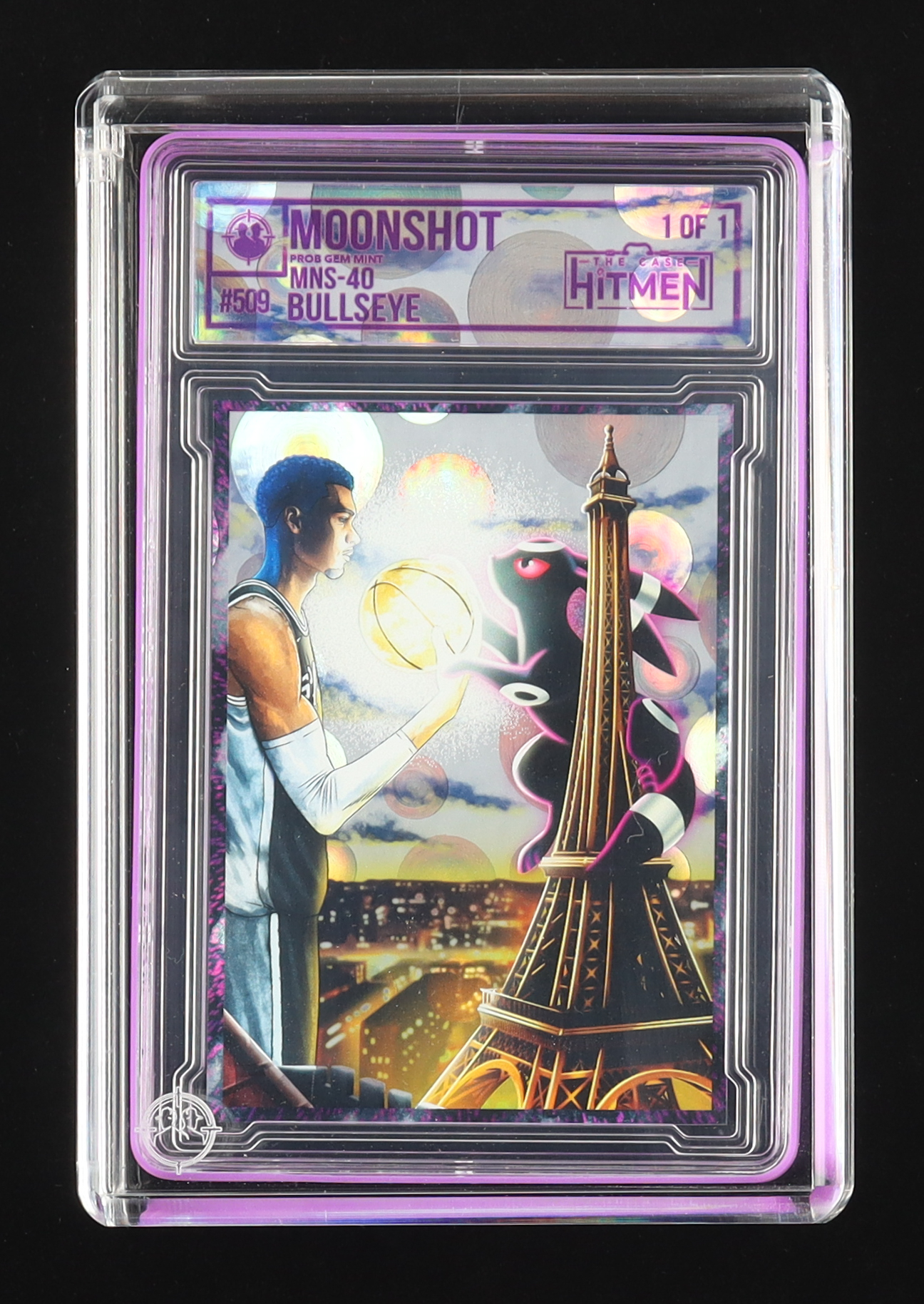 Victor Wembanyama The Case HitMen Moonshot Bullseye #1/1 Art Card with Display Case & (2) Coins at PristineAuction.com Victor Wembanyama The Case HitMen Moonshot Bullseye #1/1 Art Card with Display Case & (2) Coins at PristineAuction.com