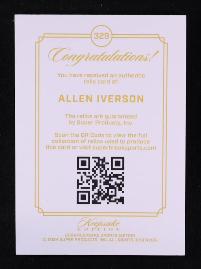 Allen Iverson 2024 Keepsake Sports Edition Gem Relic #329 #1/1 at PristineAuction.com Allen Iverson 2024 Keepsake Sports Edition Gem Relic #329 #1/1 at PristineAuction.com