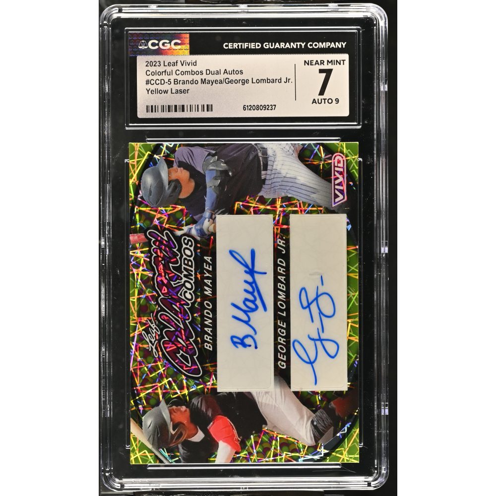 Brando Mayea/George Lombard Jr. 2023 Leaf Vivid Colorful Combos Dual Autos Yellow Laser #CCD-5 Auto (CGC 7 | Autograph Grade 9) at PristineAuction.com