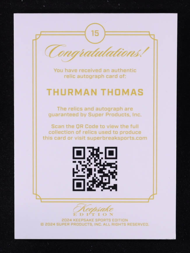 Thurman Thomas 2024 Keepsake Sports Edition Gem Patch Autograph #15 #01/75 at PristineAuction.com Thurman Thomas 2024 Keepsake Sports Edition Gem Patch Autograph #15 #01/75 at PristineAuction.com