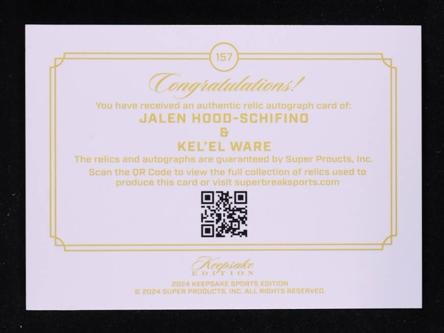 Jalen Hood-Schifino / Kel'el Ware 2024 Keepsake Sports Edition Dual Gem Patch Autographs #157 RC #11/50 at PristineAuction.com Jalen Hood-Schifino / Kel'el Ware 2024 Keepsake Sports Edition Dual Gem Patch Autographs #157 RC #11/50 at PristineAuction.com