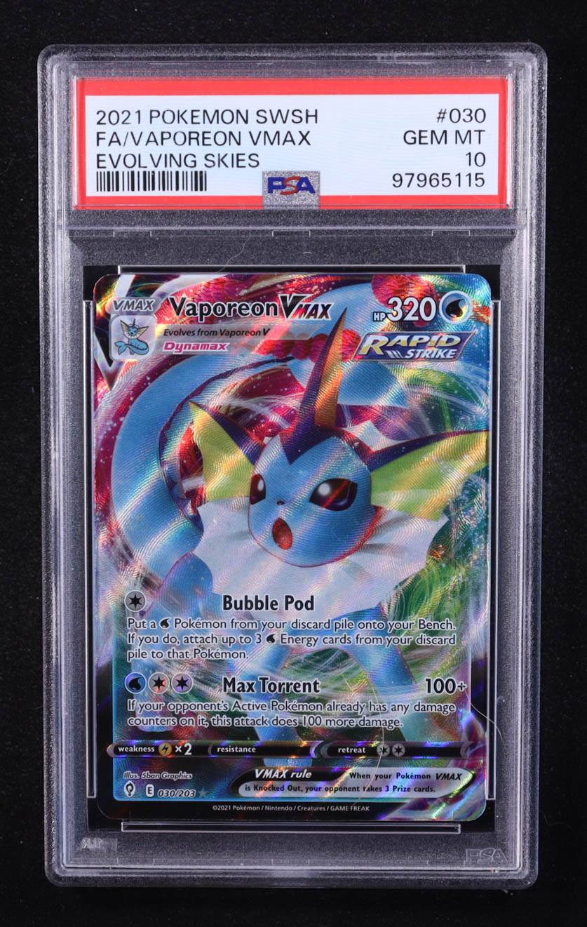 Vaporeon VMAX 2021 Pokemon TCG Sword & Shield Evolving Skies #030 (PSA 10) at PristineAuction.com Vaporeon VMAX 2021 Pokemon TCG Sword & Shield Evolving Skies #030 (PSA 10) at PristineAuction.com