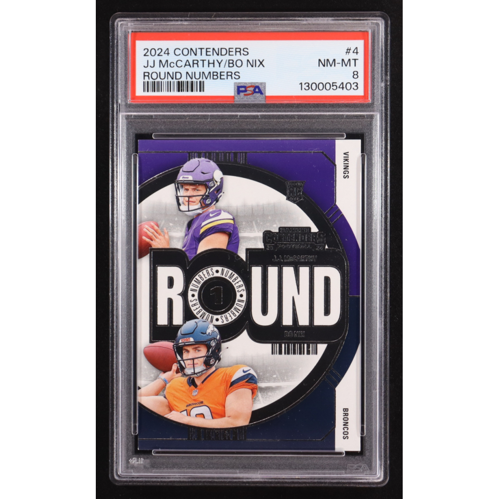 Bo Nix / JJ McCarthy 2024 Panini Contenders Round Numbers #4 RC (PSA 8) at PristineAuction.com