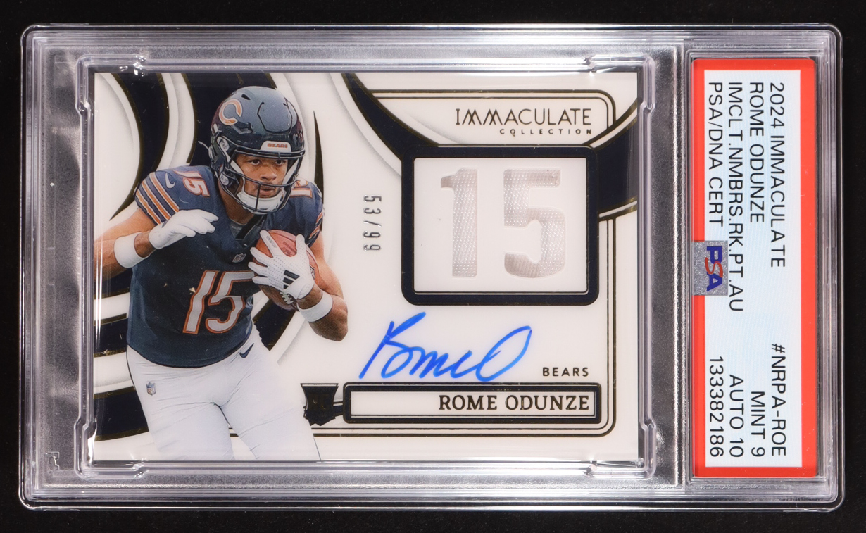 Rome Odunze 2024 Immaculate Collection Immaculate Numbers Rookie Patch Autographs #ROE #53/99 (PSA 9 | Auto 10) at PristineAuction.com Rome Odunze 2024 Immaculate Collection Immaculate Numbers Rookie Patch Autographs #ROE #53/99 (PSA 9 | Auto 10) at PristineAuction.com