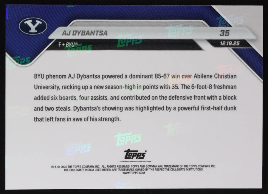 AJ Dybantsa 2025-26 Bowman University Now #35 RC at PristineAuction.com AJ Dybantsa 2025-26 Bowman University Now #35 RC at PristineAuction.com