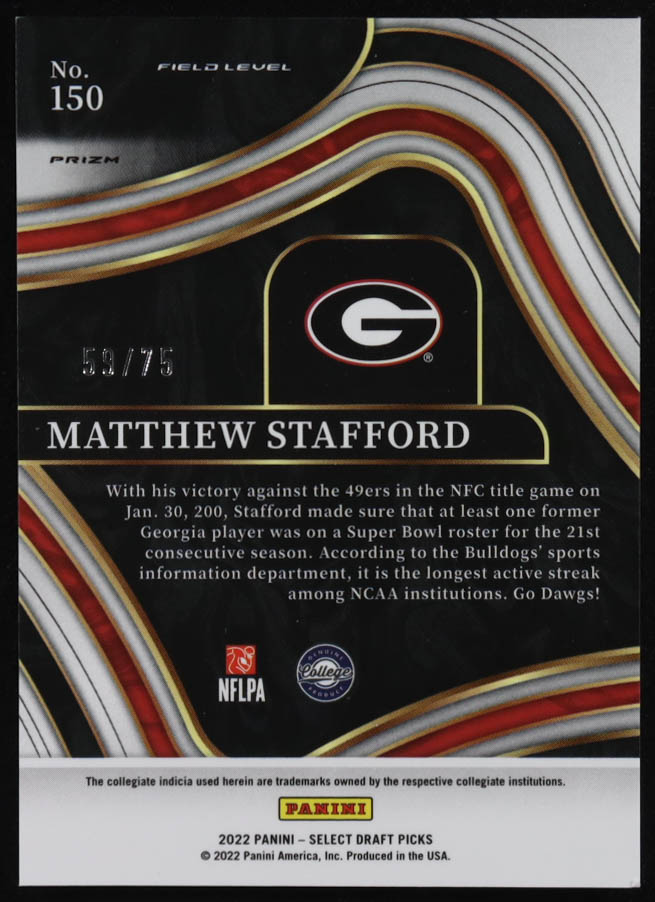 Matthew Stafford 2022 Select Draft Picks Prizms Purple #150 #59/75 at PristineAuction.com Matthew Stafford 2022 Select Draft Picks Prizms Purple #150 #59/75 at PristineAuction.com