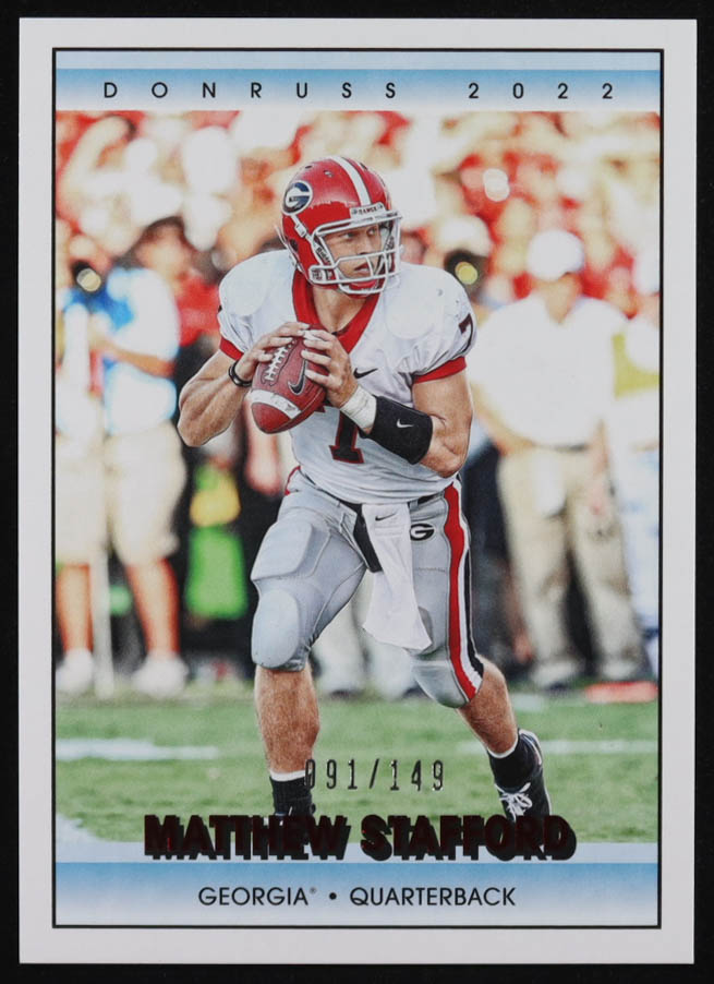 Matthew Stafford 2022 Panini Chronicles Draft Picks Donruss Retro Red #18 #91/149 at PristineAuction.com Matthew Stafford 2022 Panini Chronicles Draft Picks Donruss Retro Red #18 #91/149 at PristineAuction.com