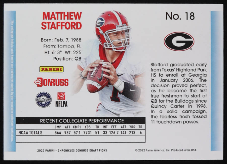Matthew Stafford 2022 Panini Chronicles Draft Picks Donruss Retro Red #18 #91/149 at PristineAuction.com Matthew Stafford 2022 Panini Chronicles Draft Picks Donruss Retro Red #18 #91/149 at PristineAuction.com