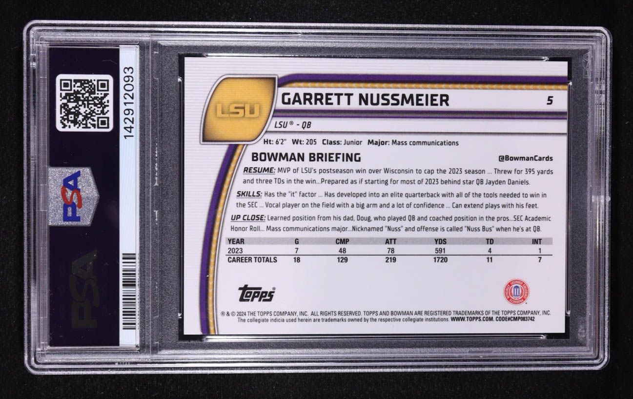 Garrett Nussmeier 2024 Bowman Chrome University Purple Refractors #5 #166/399 (PSA 9) at PristineAuction.com Garrett Nussmeier 2024 Bowman Chrome University Purple Refractors #5 #166/399 (PSA 9) at PristineAuction.com