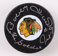 Bobby Hull Signed Blackhawks Logo Hockey Puck Inscribed "The Golden Jet" (Mounted Memories) at PristineAuction.com