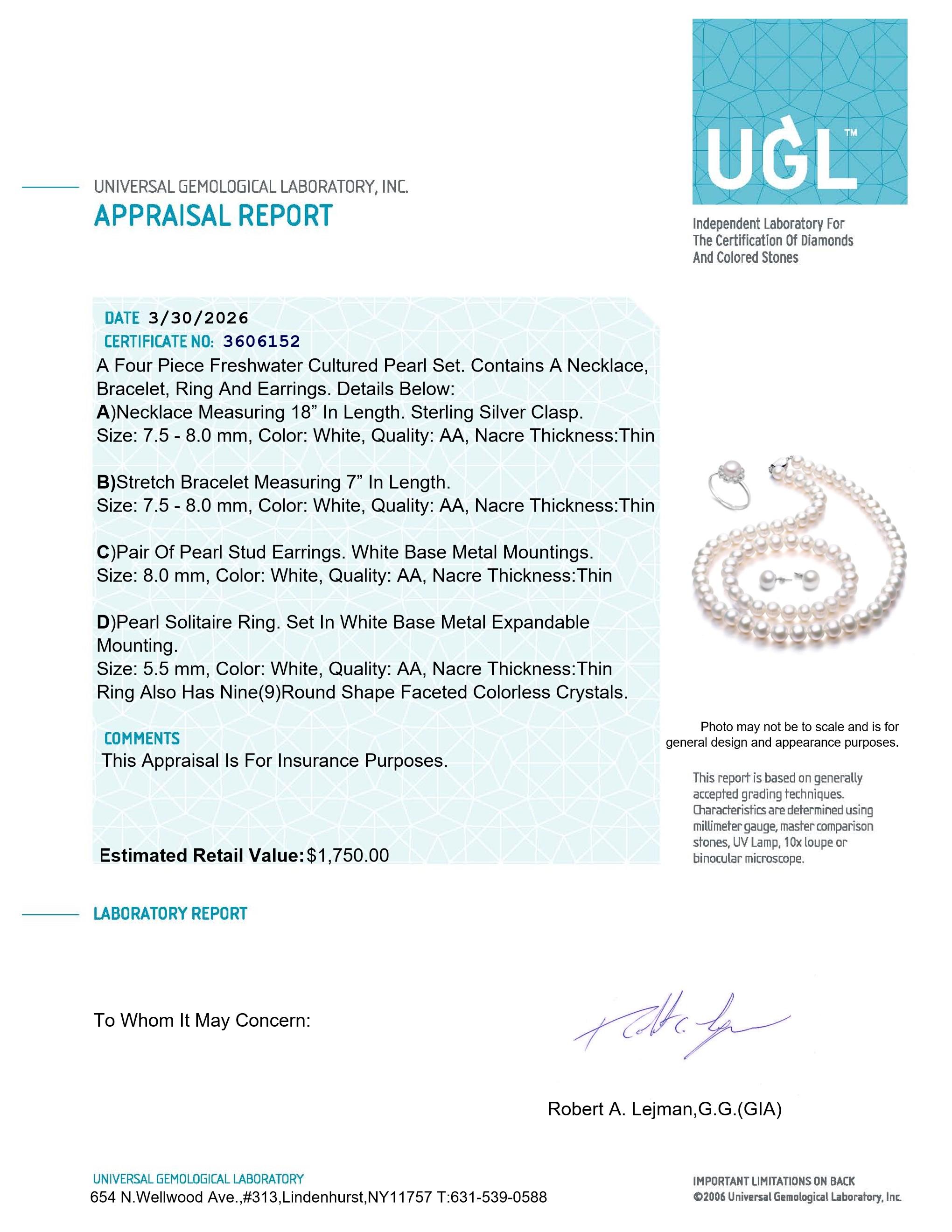 Freshwater Cultured White Pearl 4-Piece Set in Box | $1,750 Estimated Retail Value (UGL Cert) | Necklace, Bracelet, Ring, & Earrings at PristineAuction.com Freshwater Cultured White Pearl 4-Piece Set in Box | $1,750 Estimated Retail Value (UGL Cert) | Necklace, Bracelet, Ring, & Earrings at PristineAuction.com