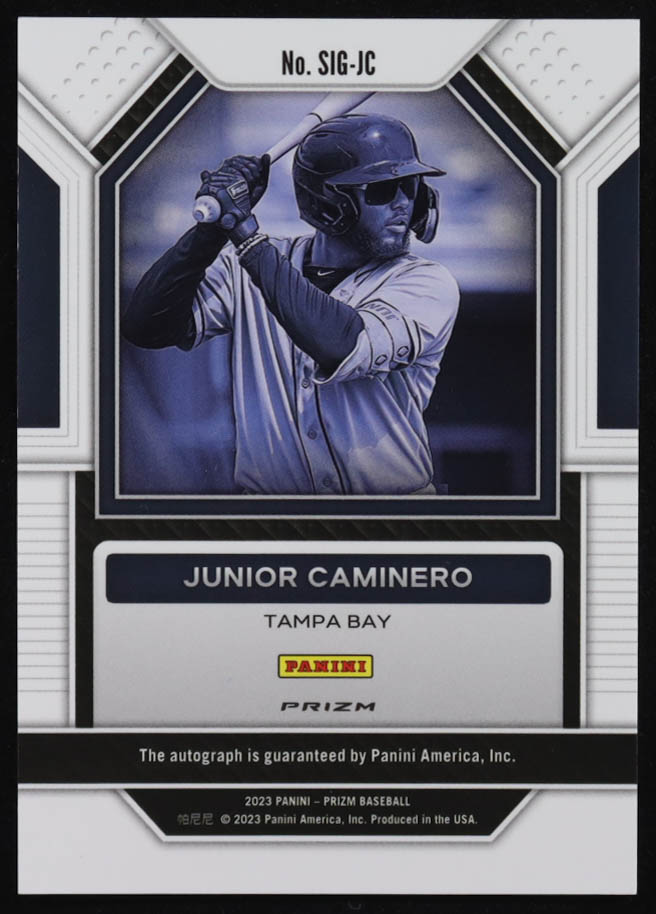 Junior Caminero 2023 Panini Prizm Signatures Prizms Green Ice #54 RC at PristineAuction.com Junior Caminero 2023 Panini Prizm Signatures Prizms Green Ice #54 RC at PristineAuction.com
