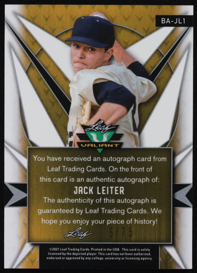 Jack Leiter 2021 Leaf Valiant Autographs #BAJL1 #8/75 RC at PristineAuction.com Jack Leiter 2021 Leaf Valiant Autographs #BAJL1 #8/75 RC at PristineAuction.com