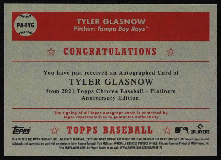 Tyler Glasnow 2021 Topps Chrome Platinum Anniversary Autographs #PATYG at PristineAuction.com Tyler Glasnow 2021 Topps Chrome Platinum Anniversary Autographs #PATYG at PristineAuction.com