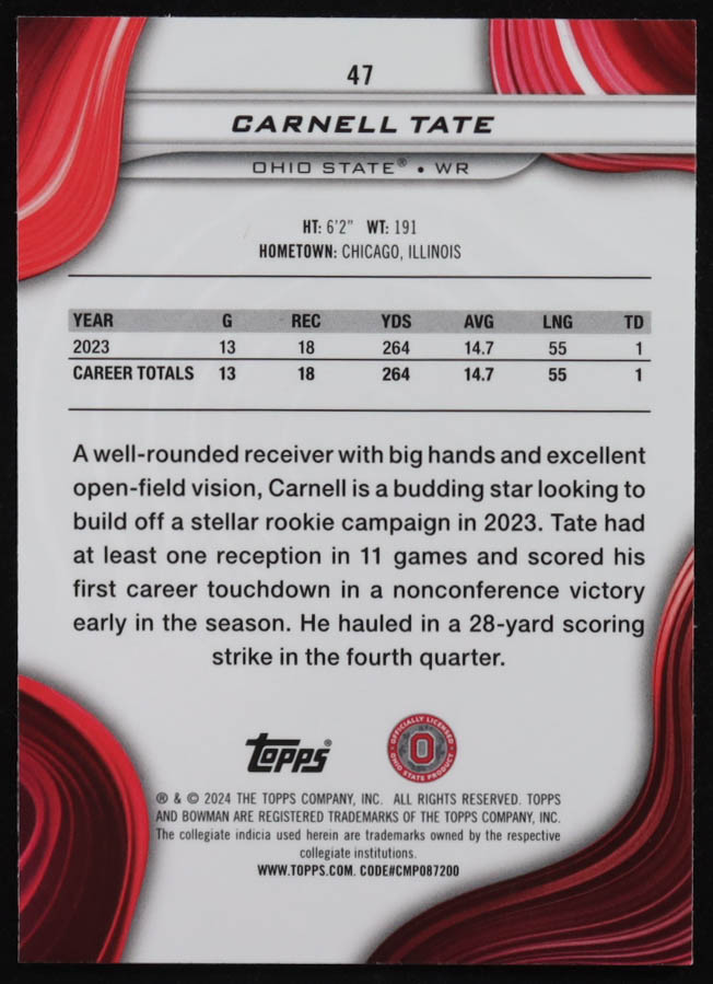 Carnell Tate 2024 Bowman's Best University Aqua Refractors #47 #207/225 at PristineAuction.com Carnell Tate 2024 Bowman's Best University Aqua Refractors #47 #207/225 at PristineAuction.com