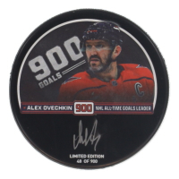 Alexander Ovechkin Signed LE Capitals Logo All-Time Goals Leader Commemorative Hockey Puck (Fanatics) at PristineAuction.com