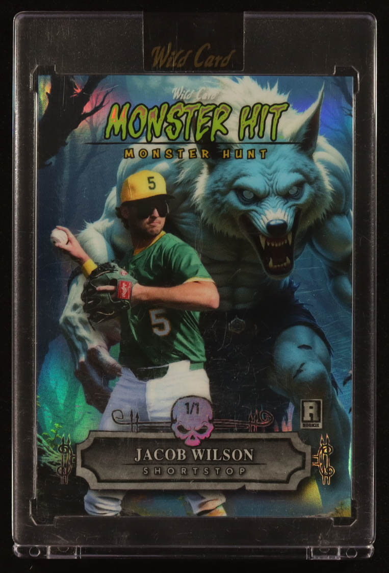 Jacob Wilson 2025 Wild Card Monster Hunt Haunted Hits Blue Rainbow Foil #MHWWJW #1/1 RC at PristineAuction.com Jacob Wilson 2025 Wild Card Monster Hunt Haunted Hits Blue Rainbow Foil #MHWWJW #1/1 RC at PristineAuction.com