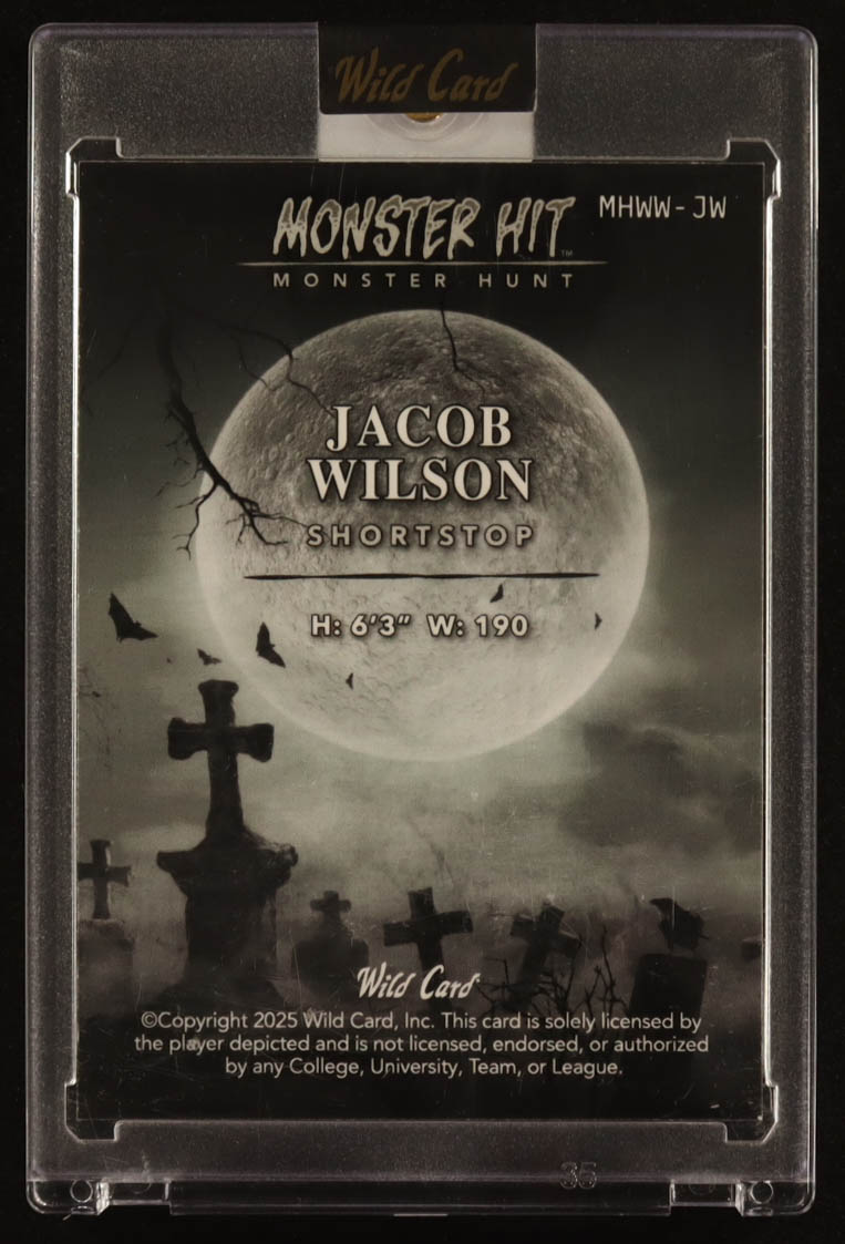 Jacob Wilson 2025 Wild Card Monster Hunt Haunted Hits Blue Rainbow Foil #MHWWJW #1/1 RC at PristineAuction.com Jacob Wilson 2025 Wild Card Monster Hunt Haunted Hits Blue Rainbow Foil #MHWWJW #1/1 RC at PristineAuction.com