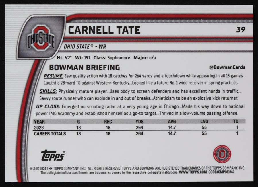 Carnell Tate 2024 Bowman Chrome University Aqua Mini Diamond Refractors #39 #039/275 RC at PristineAuction.com Carnell Tate 2024 Bowman Chrome University Aqua Mini Diamond Refractors #39 #039/275 RC at PristineAuction.com