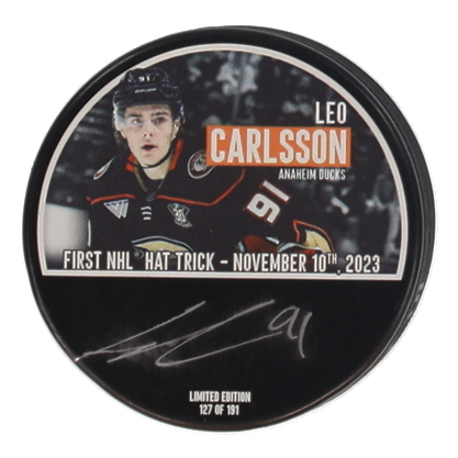 Leo Carlsson Signed LE Ducks First NHL Hat Trick Commemorative Hockey Puck (Fanatics) at PristineAuction.com Leo Carlsson Signed LE Ducks First NHL Hat Trick Commemorative Hockey Puck (Fanatics) at PristineAuction.com