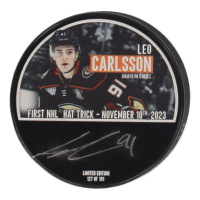 Leo Carlsson Signed LE Ducks First NHL Hat Trick Commemorative Hockey Puck (Fanatics) at PristineAuction.com