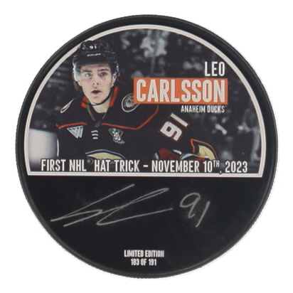 Leo Carlsson Signed LE Ducks First NHL Hat Trick Commemorative Hockey Puck (Fanatics) at PristineAuction.com Leo Carlsson Signed LE Ducks First NHL Hat Trick Commemorative Hockey Puck (Fanatics) at PristineAuction.com