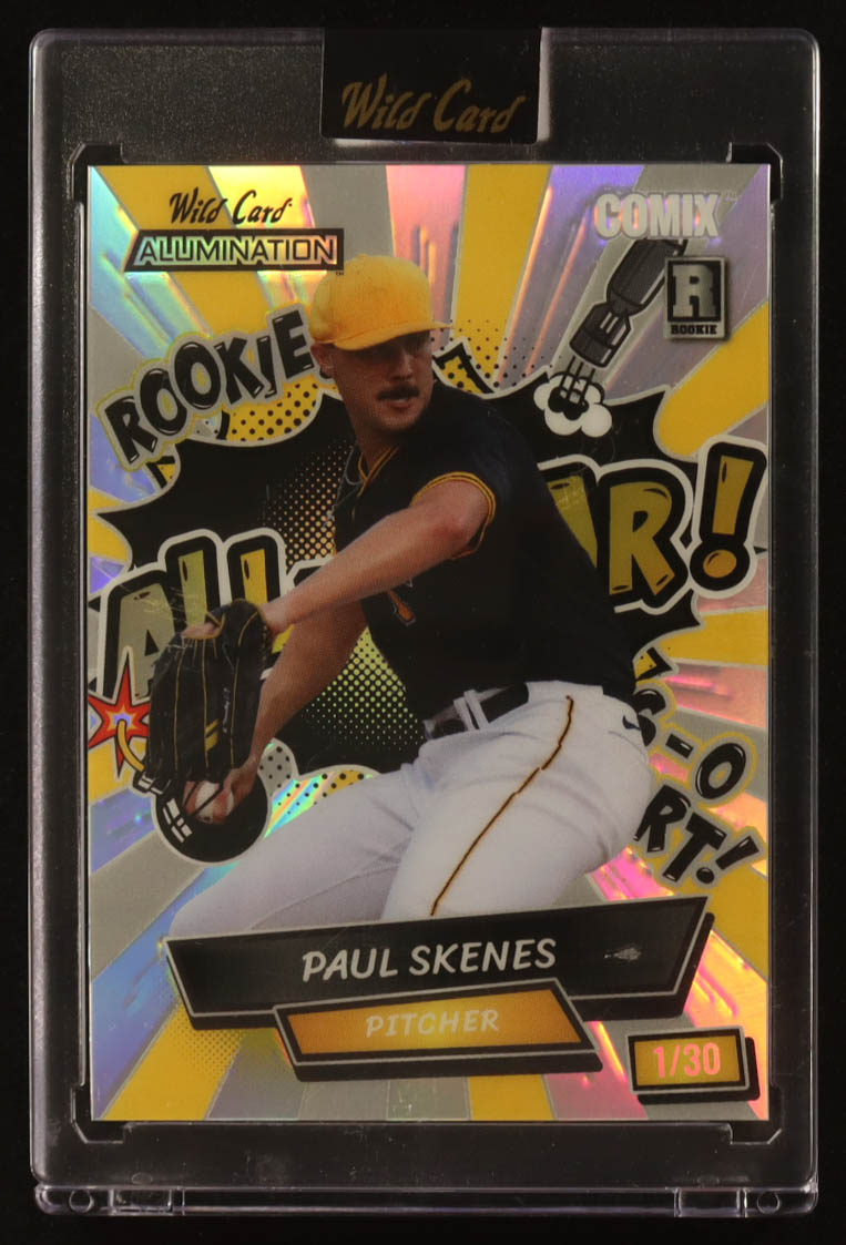 Paul Skenes 2024 Wild Card Alumination Comix All-Star Yellow/White/Silver Foil #ACBAPS2 #1/30 RC at PristineAuction.com Paul Skenes 2024 Wild Card Alumination Comix All-Star Yellow/White/Silver Foil #ACBAPS2 #1/30 RC at PristineAuction.com
