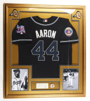 Hank Aaron Signed Custom Framed Cut Display with Vintage 1962 Braves Lapel Pin (PSA) at PristineAuction.com