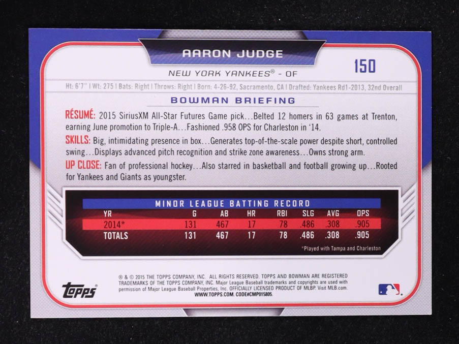 Aaron Judge 2015 Bowman Draft #150 at PristineAuction.com Aaron Judge 2015 Bowman Draft #150 at PristineAuction.com