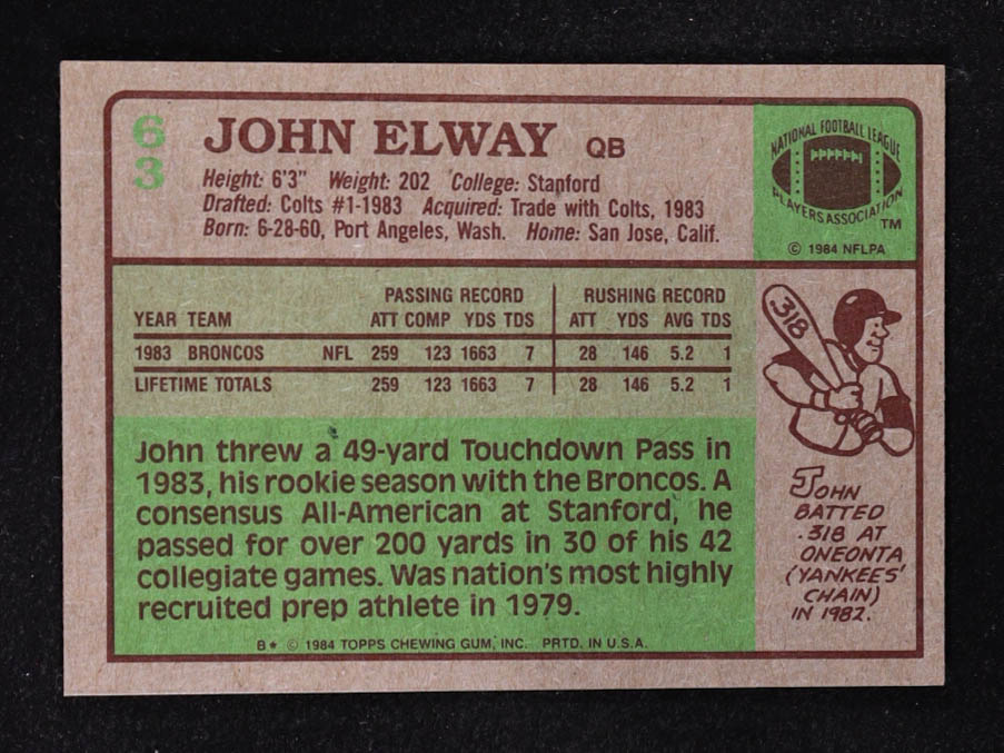 John Elway 1984 Topps #63 RC at PristineAuction.com John Elway 1984 Topps #63 RC at PristineAuction.com