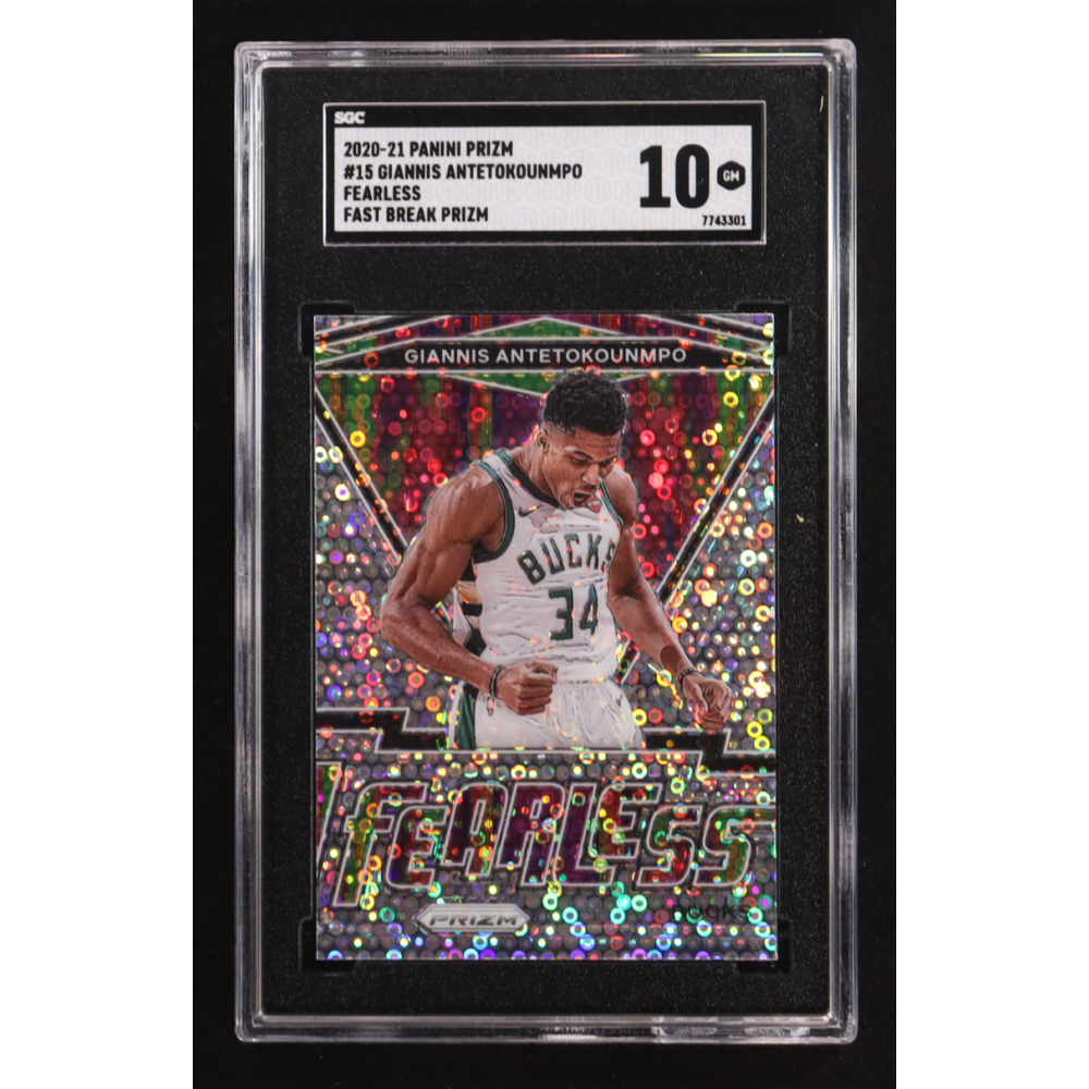 Giannis Antetokounmpo 2020-21 Panini Prizm Fearless Fast Break #15 (SGC 10) at PristineAuction.com