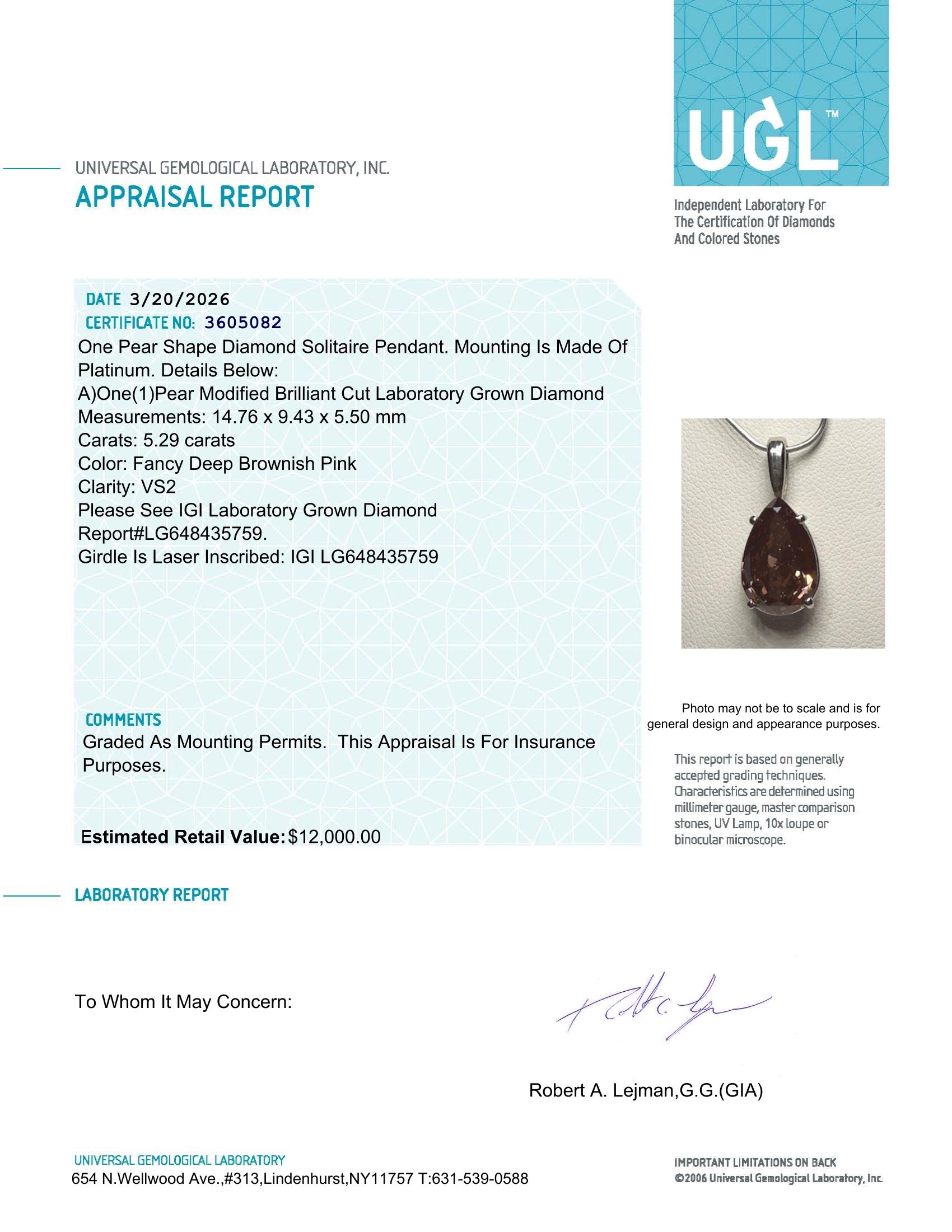 PLATINUM 5.29 Carats Lab Grown PINK Diamond Pendant VS2 | $12,000 Estimated Retail Value (UGL & IGI Certs) | Pear Cut| Brand New at PristineAuction.com PLATINUM 5.29 Carats Lab Grown PINK Diamond Pendant VS2 | $12,000 Estimated Retail Value (UGL & IGI Certs) | Pear Cut| Brand New at PristineAuction.com