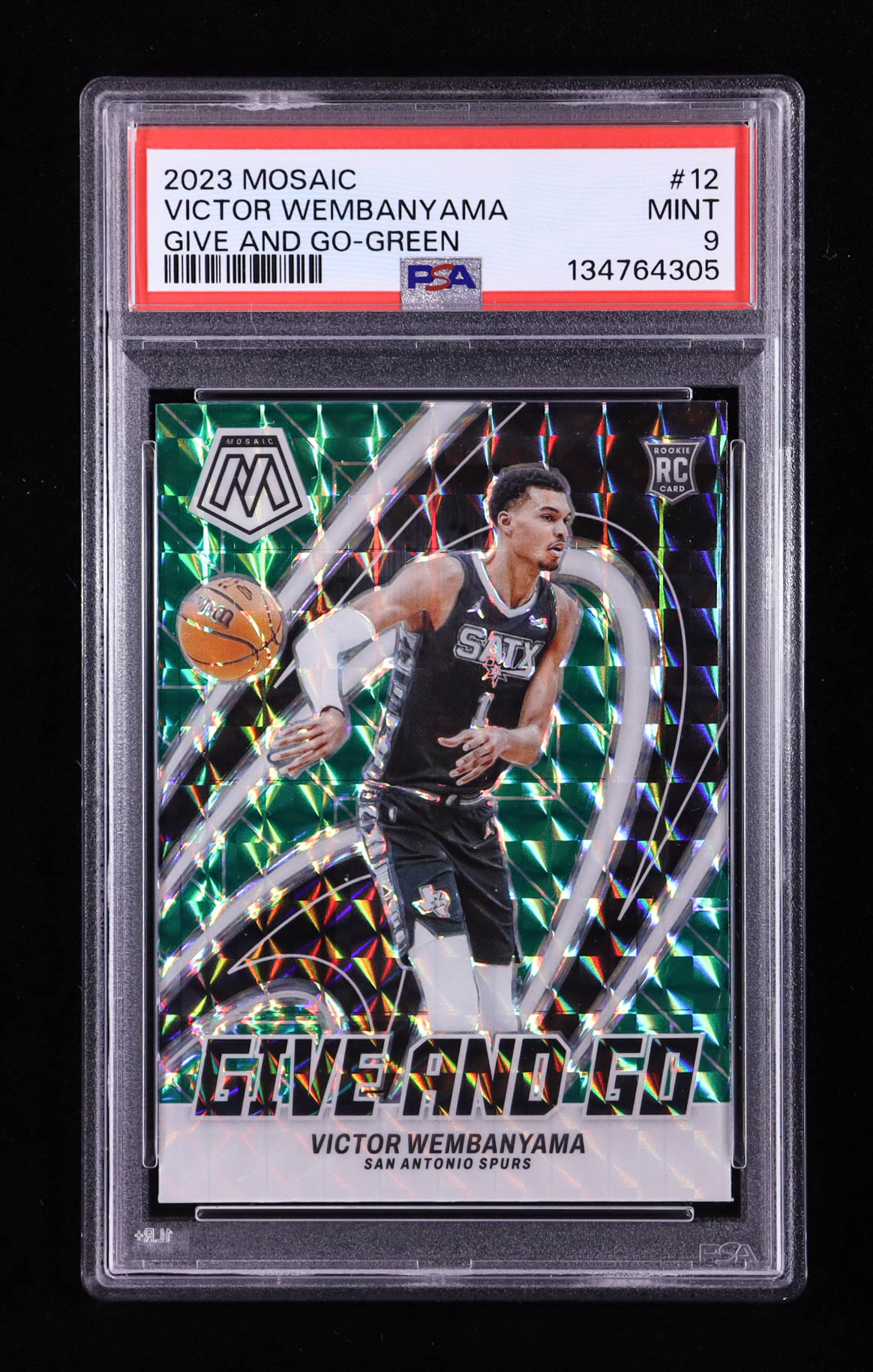 Victor Wembanyama 2023-24 Panini Mosaic Give and Go Mosaic Green #12 RC (PSA 9) at PristineAuction.com Victor Wembanyama 2023-24 Panini Mosaic Give and Go Mosaic Green #12 RC (PSA 9) at PristineAuction.com