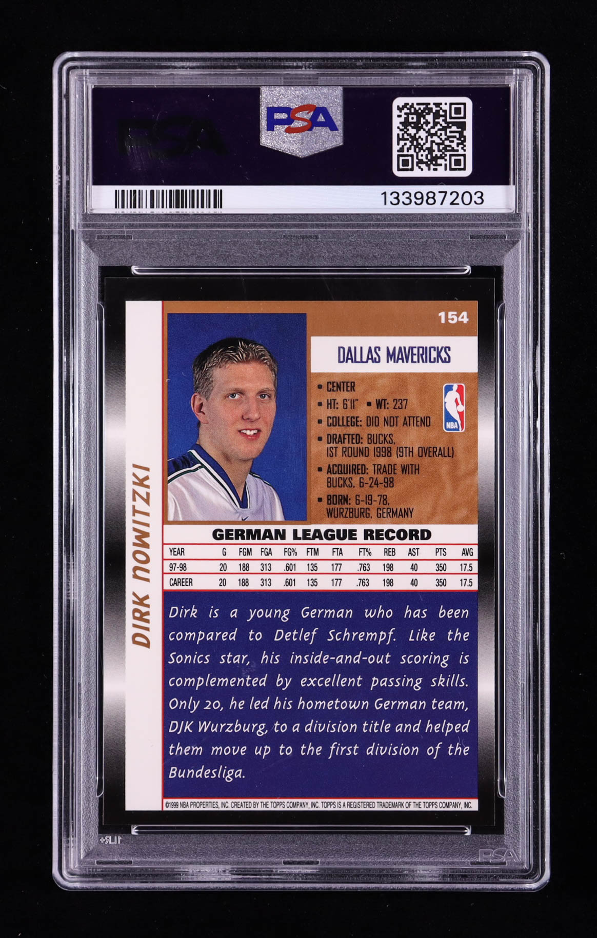 Dirk Nowitzki 1998 Topps #154 RC (PSA 9) at PristineAuction.com Dirk Nowitzki 1998 Topps #154 RC (PSA 9) at PristineAuction.com