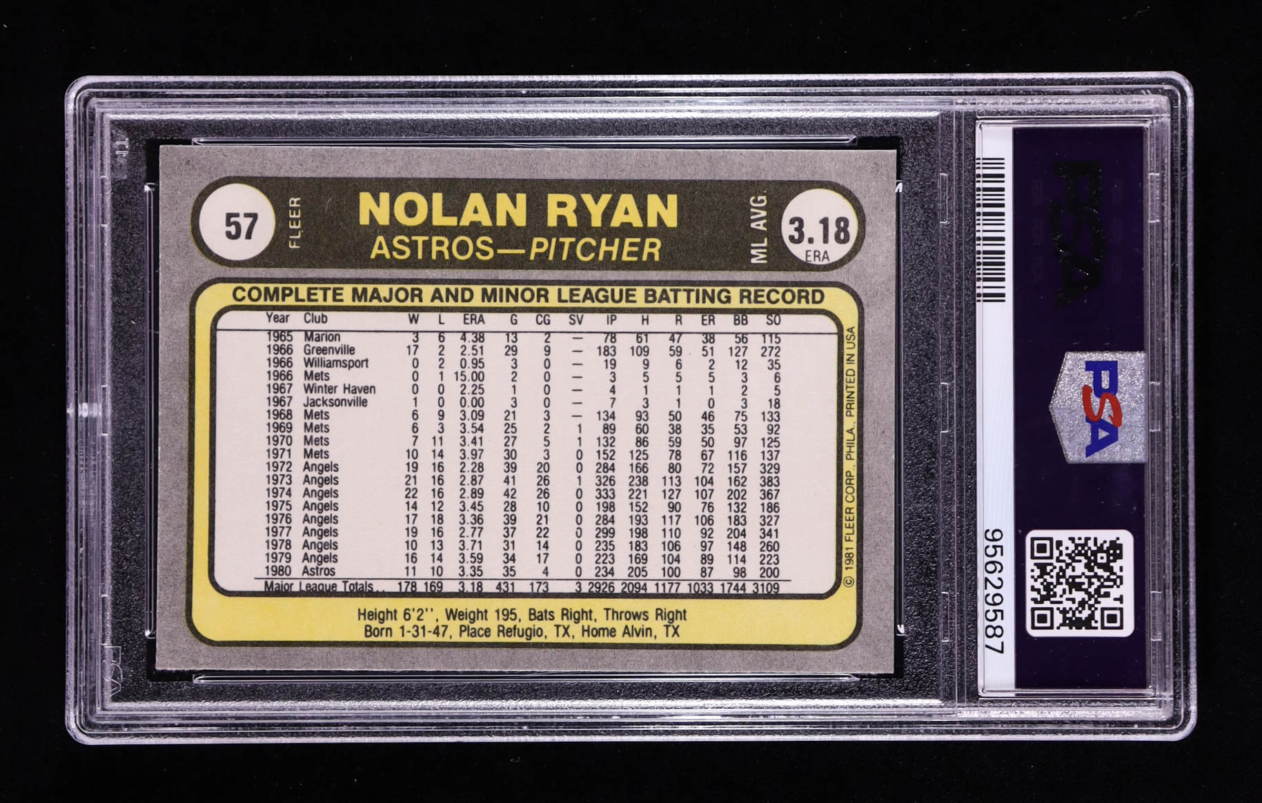 Nolan Ryan 1981 Fleer #57 (PSA 9) at PristineAuction.com Nolan Ryan 1981 Fleer #57 (PSA 9) at PristineAuction.com